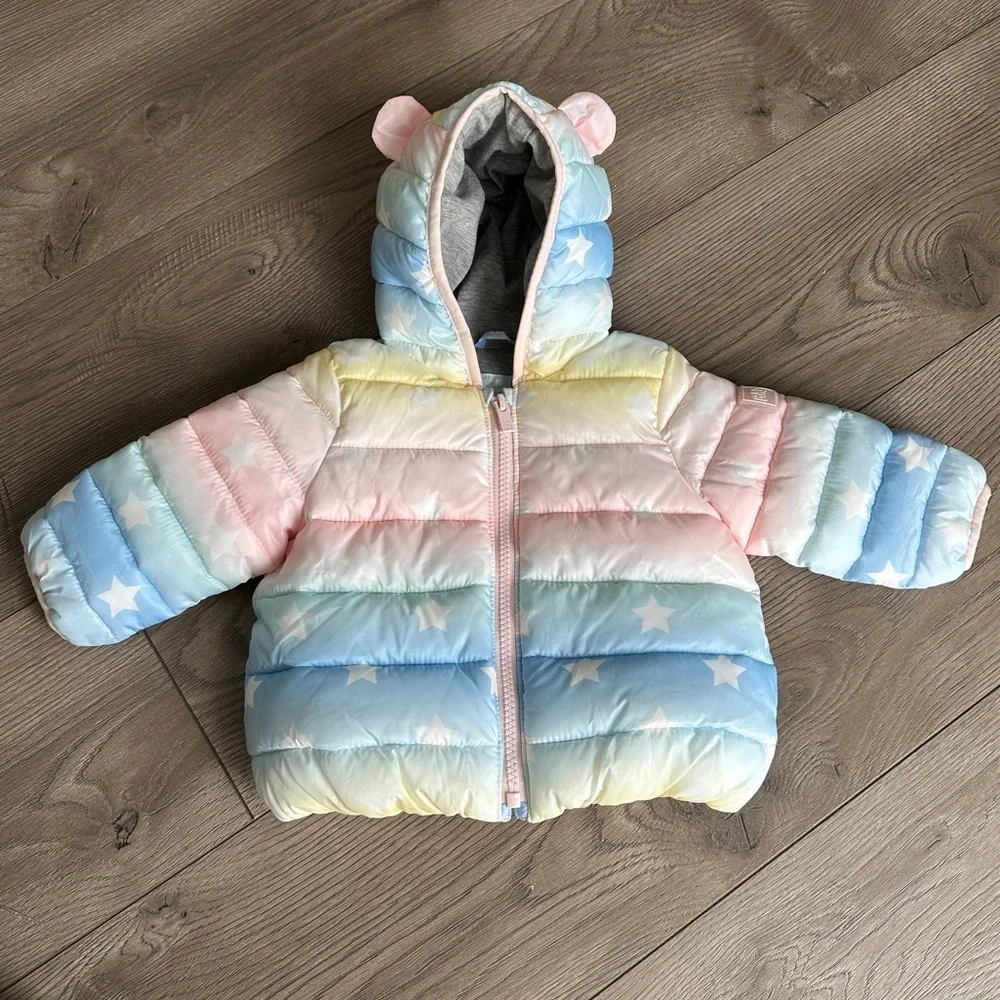 GAP BABY Puffer Jacket WORN ONCE Girls Pink Ombre Bear Hood size 6-12M